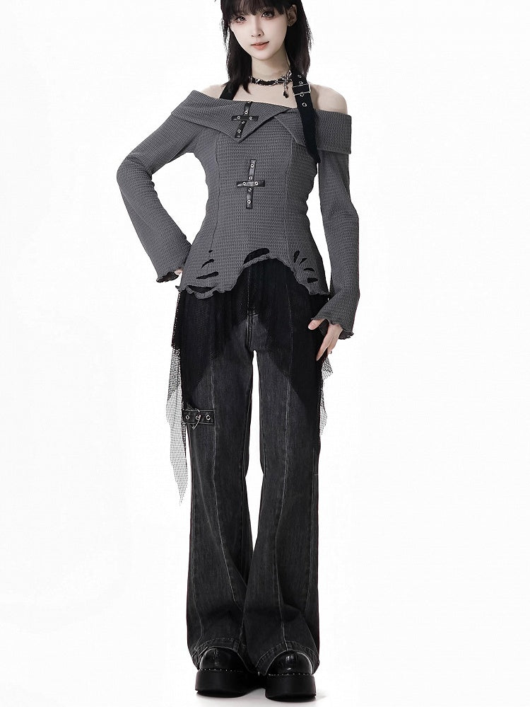 Detail Faded Wash Distressed Gray Flared Jeans Heart Buckle