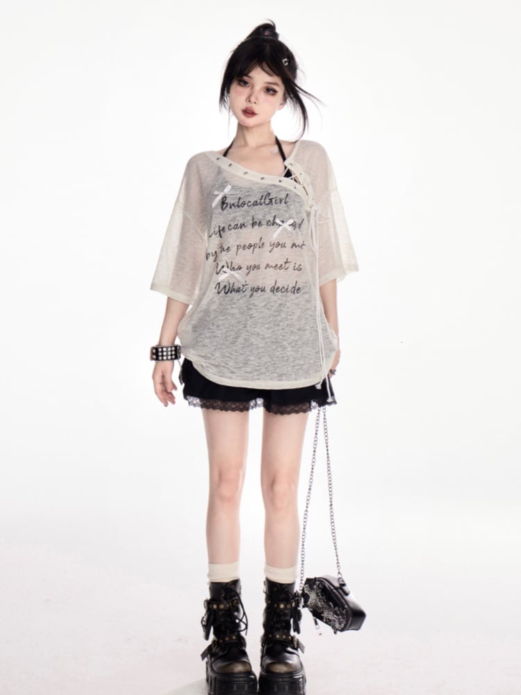 Apricot Lace-up Asymmetrical Neckline Letter Print Semi-sheer