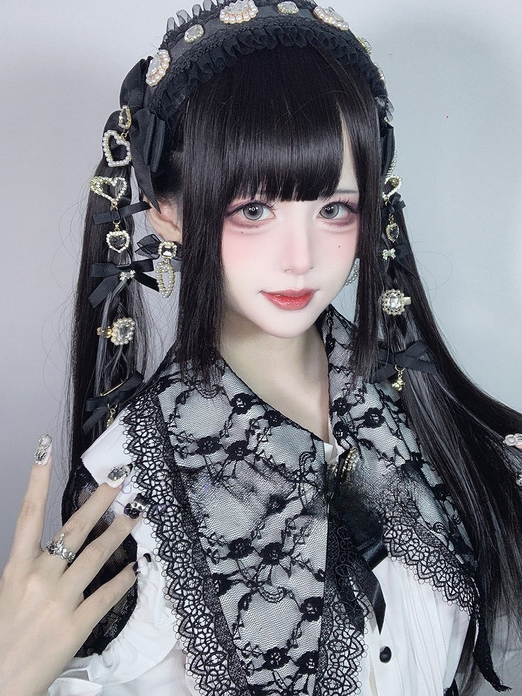 Highlight Bangs With Length And Silver Wig Black 70CM Straight
