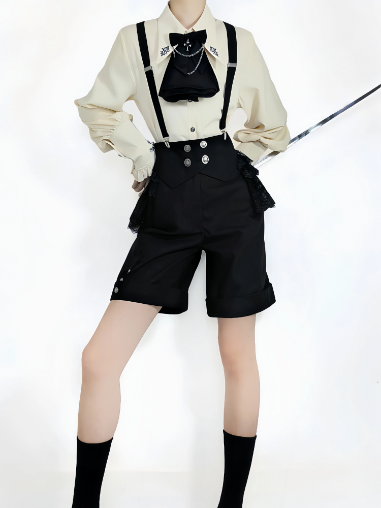 王子ファッション ブラック フォールドオーバー ウエスト ショーツ