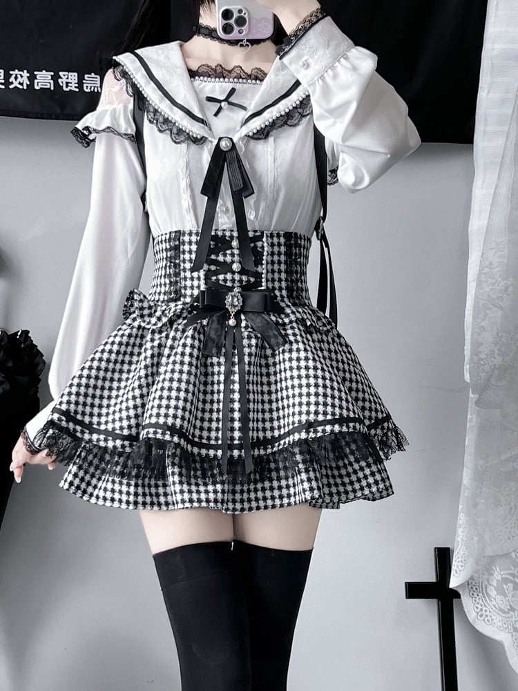 Pendant Trim Blouse Lace with Jirai Kei Black/White Sailor Collar Cutout Choker Shoulder Heart