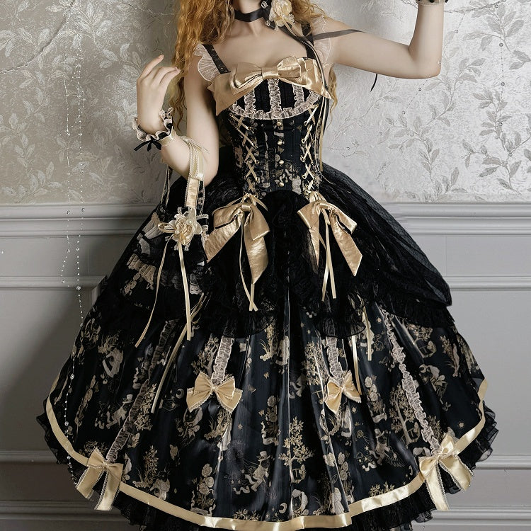 Waist Overlay Lolita and Drawstring Jumper Skirt Corset Black Gold
