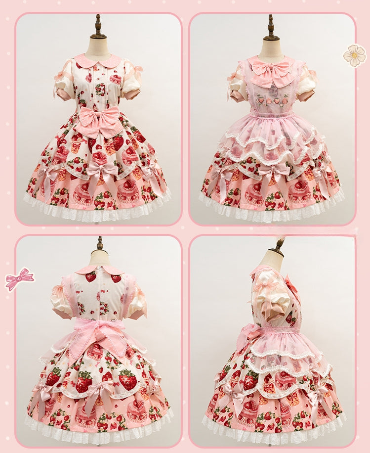 Erdbeerrosa Lolita-Kleid mit süßem Petticoatkragen und Punkten