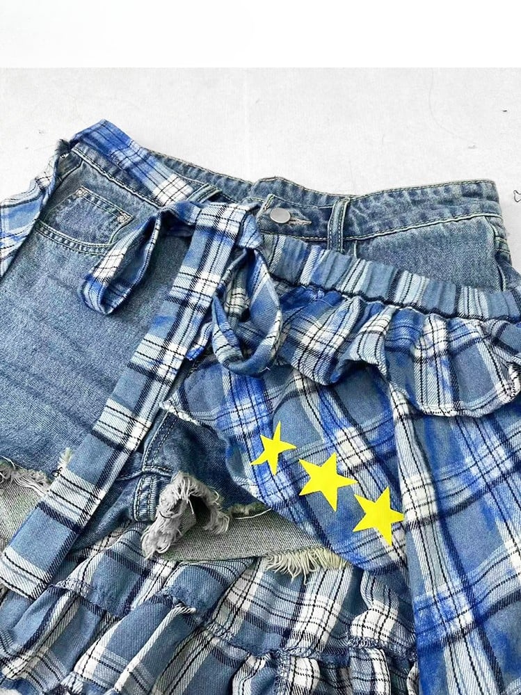 Warmers + Blue Print Hem Shorts Glamorous Pattern Bittersweet Asymmetrical Star Set- Plaid Applique Skirt Leg Cross
