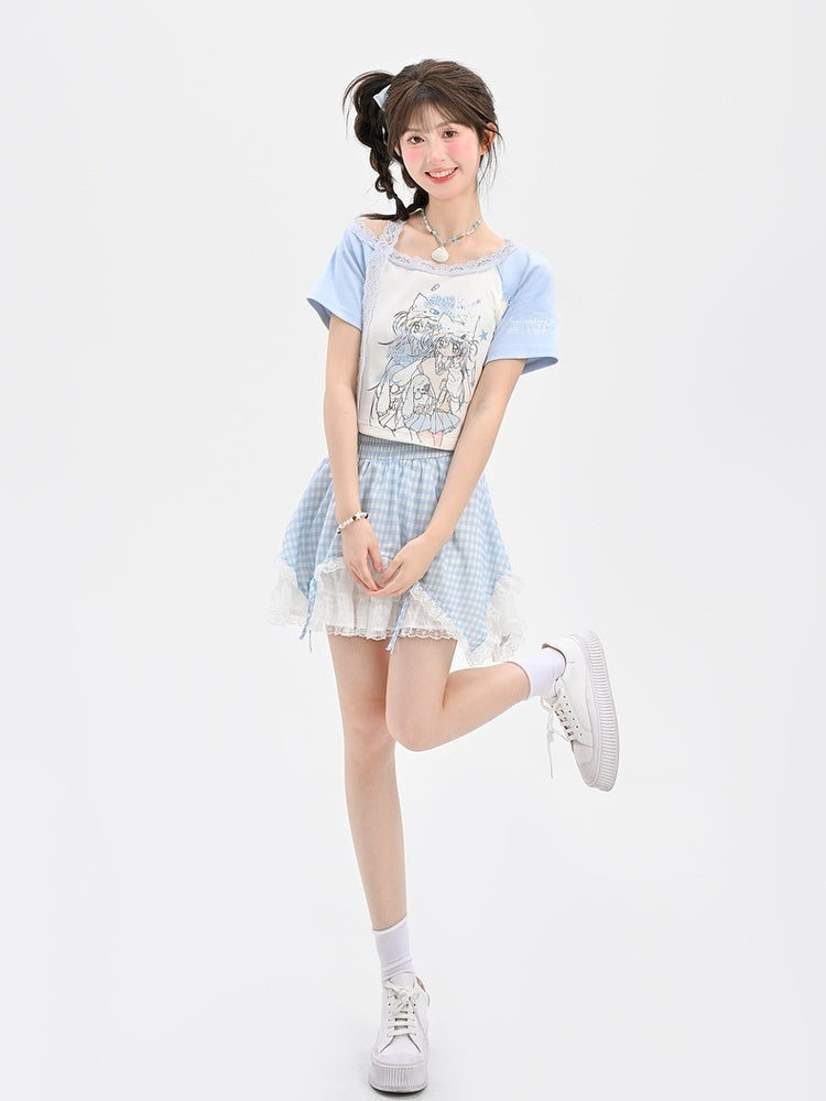 Light Blue Design Anime Girl Print T-Shirt Colorblock Short/Long Version