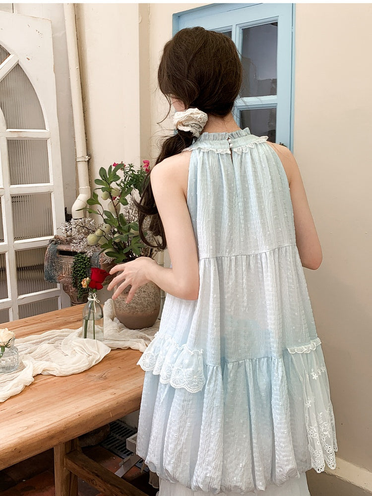 Light Skirt Buttons Sleeveless Dress Halter Neck Bubble Blue Ruffled Bead