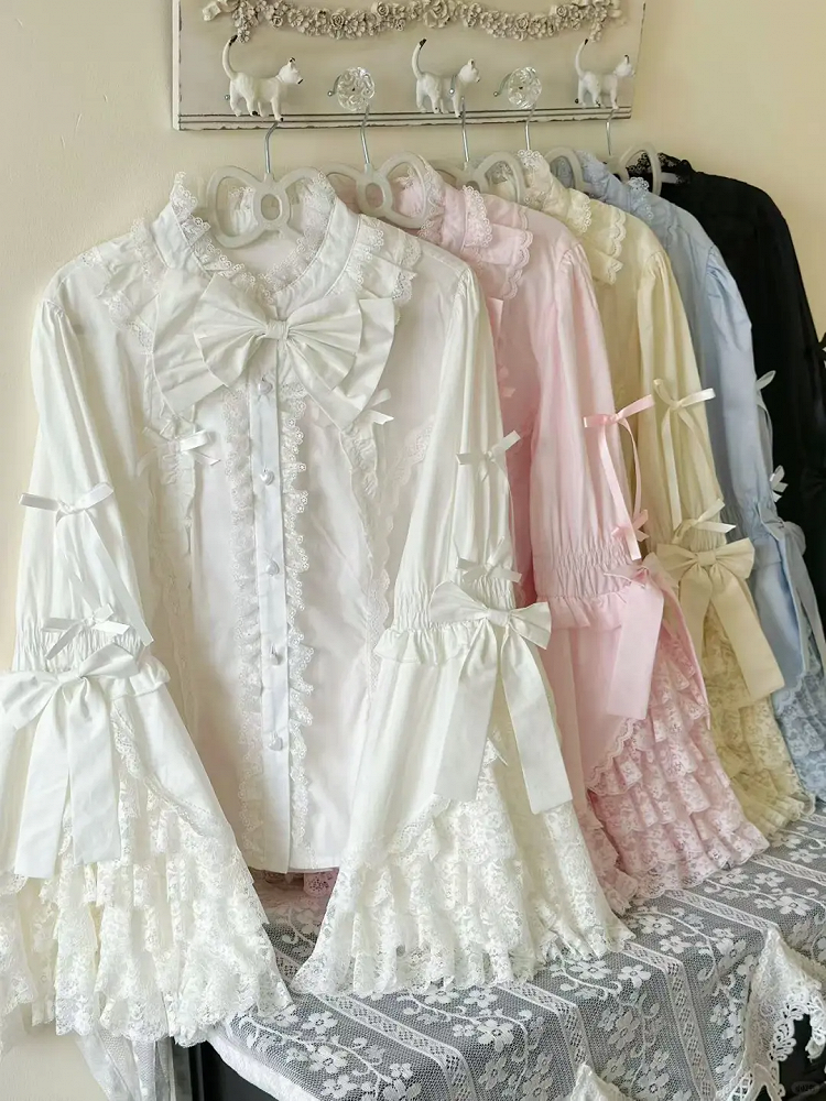 Blau Rosa Bluse Glockengröße Weiß / Lolita Ärmel Plus Aprikose Schwarz