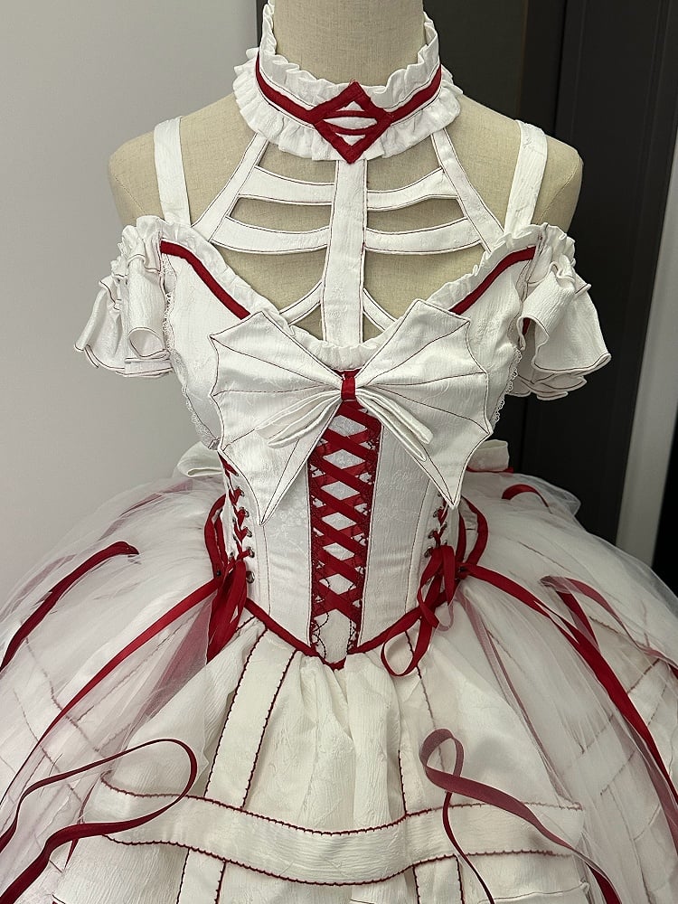 Corset Lace-ups Waist Gothic Skirt Design Birdcage White Dress and Lolita Red