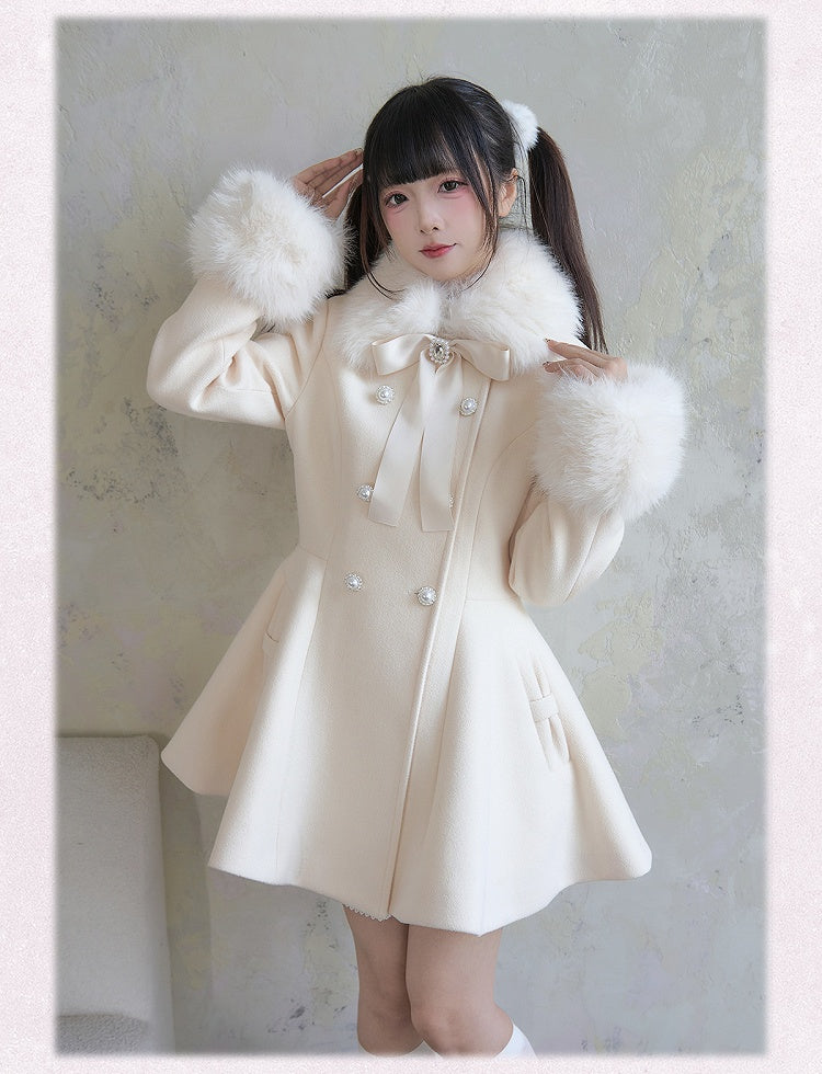 Apricot Coat Jirai Kei Big Bow Breasted with Double Detachable Fluffy Collar and Cuffs Rhinestone