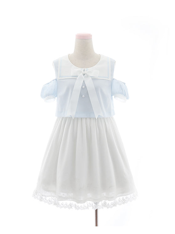 Collar Pink/Blue Bunny Ear and Tail Detail Sailor Chiffon Back
