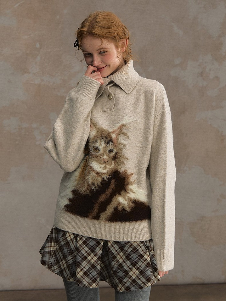 Beige/Brown Cozy Loose-Fit Pullover Sweater with Cat Design and Convertible Collar