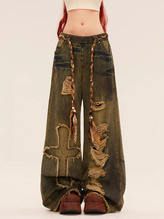 Blue Wasteland Punk Cross Applique Distressed Holes Low Rise Vintage Wide-leg Jeans