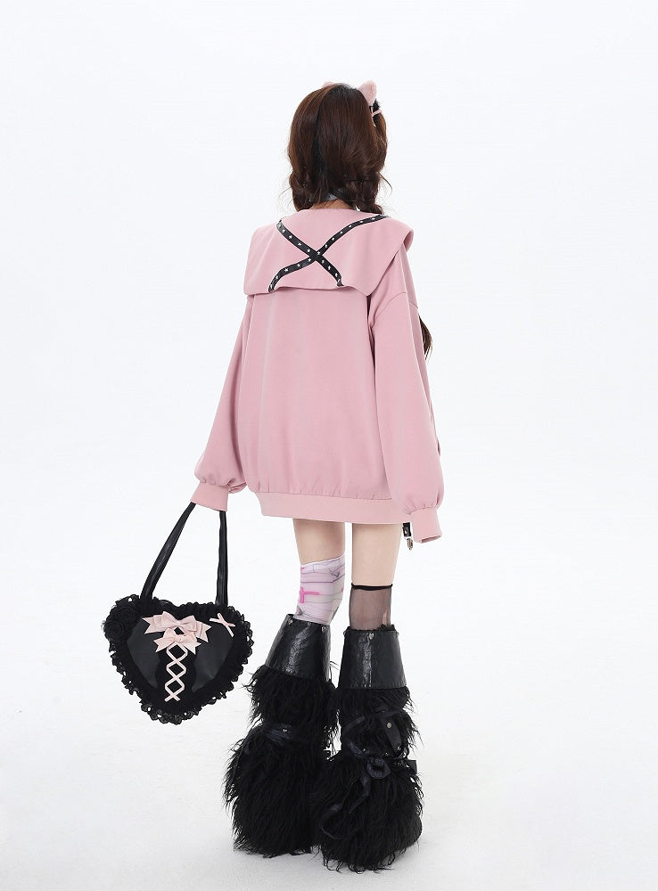Rosa/graue bedruckte Jacke mit Matrosenkragen und Reißverschluss