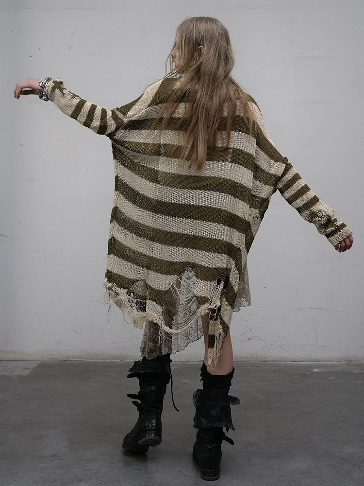 Pattern Striped Punk Cardigan Wasteland Green