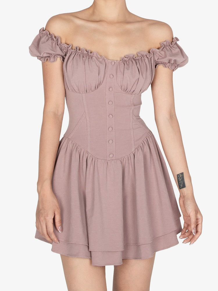 Dusty Pink Ruffled Off-the-shoulder Neckline Short Puff Sleeves Mini Dress