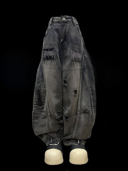 Letter Jeans Holes Details Cut Dark Distressed Gray Applique Wide-leg