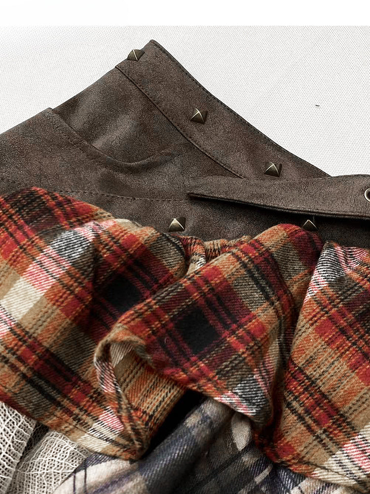 ヴィンテージレッドチェック柄ローウエストアシンメトリーヘムグラマラススカート