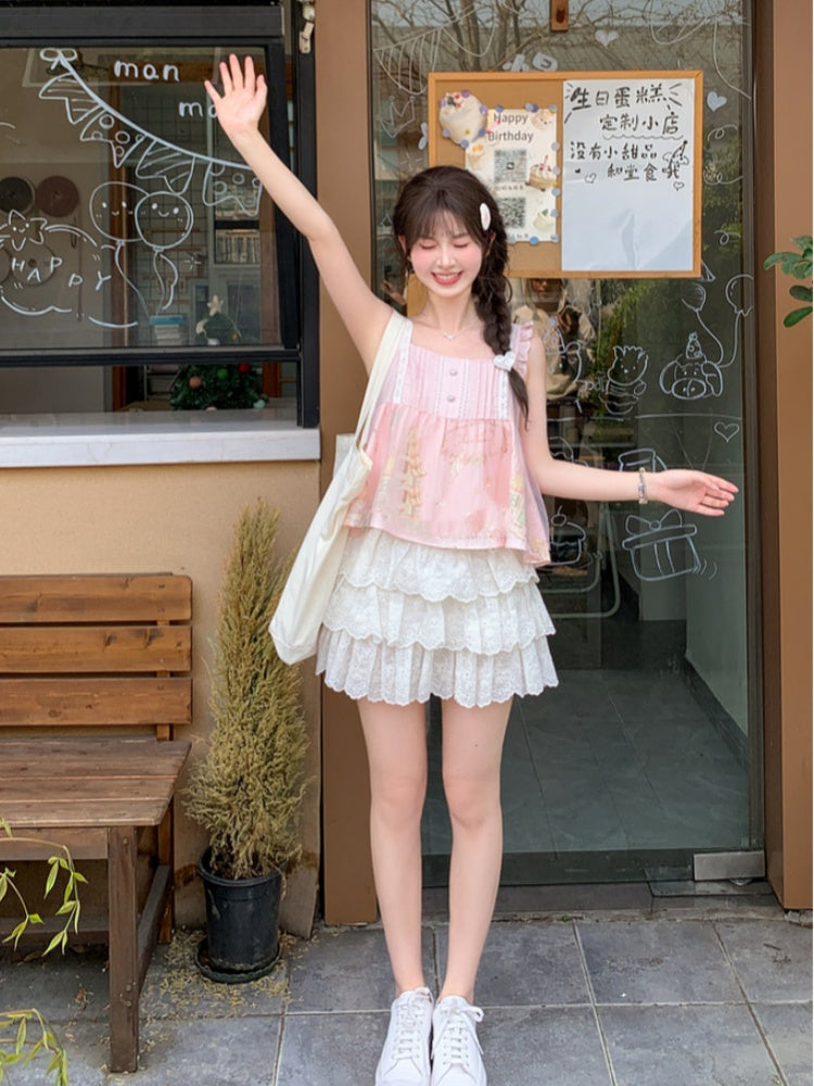 Flutter Sleeves Cartoon Bear Print Sleeveless Top Sweet Pink
