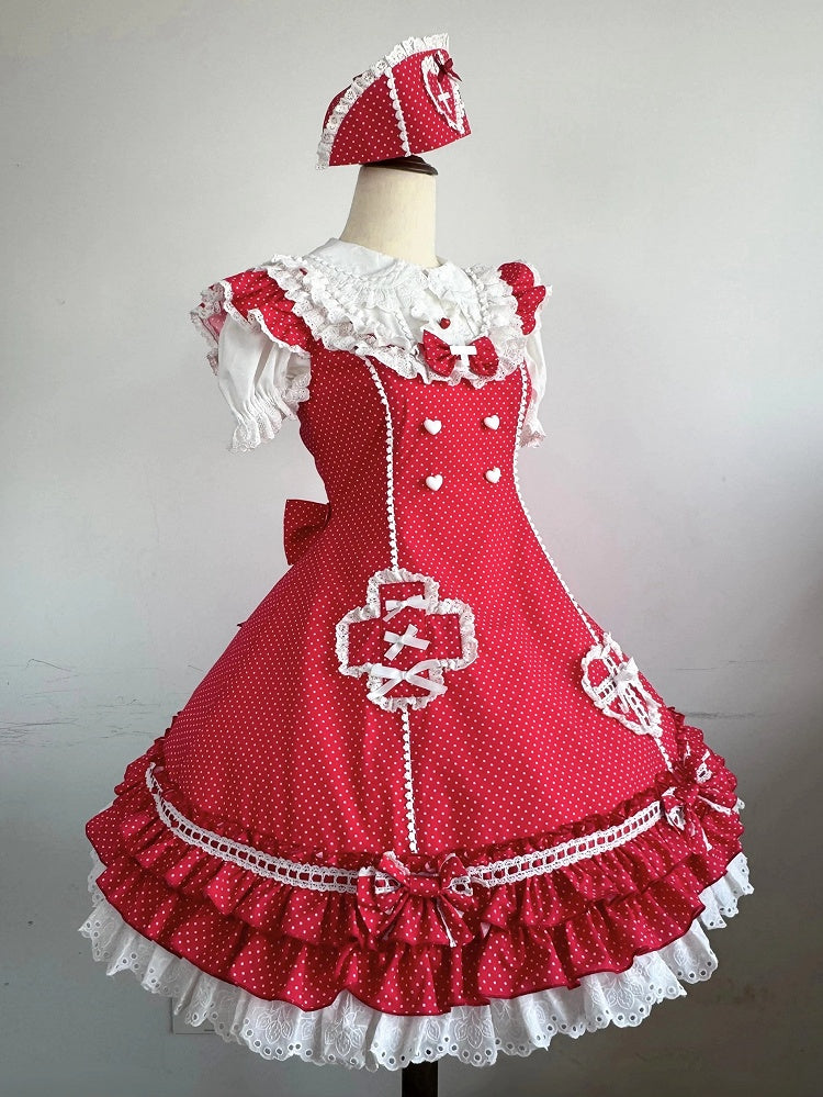 Ruffle Pattern Hemline Layered Dress Polka-dot Lolita Red Nurse