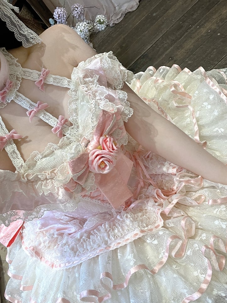 Pink Dress Ruffles Corset Fairy Princess Lace Kei Halter Tiered Neck Waist Skirt