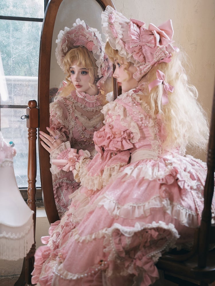 Wunderschönes Hanayome Lolita-Kleid mit Blumenstickerei und Perlenkettendetails in Rosa