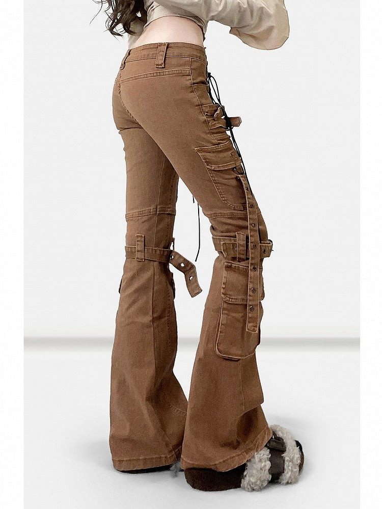 Wasteland Silhouette Flare Lace-up Jeans Punk Detail Brown Coffee