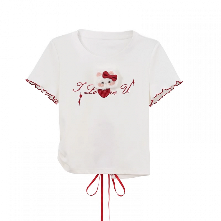 Lace-up Back Plush Kitty Lettuce Hem White T-Shirt