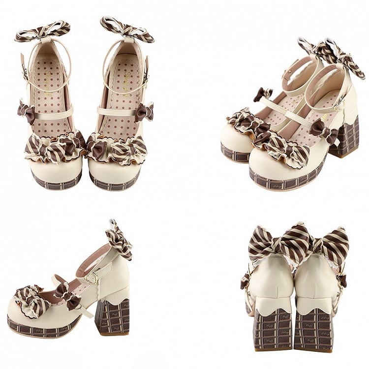 Gestreifte Mary Heart Beigebraune Heels Plateau Schokolade Bowknot Details Block Schnalle High Janes