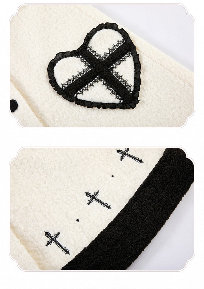 Black Heart-shaped White Embroidery Detail Woolen Pockets with Coat