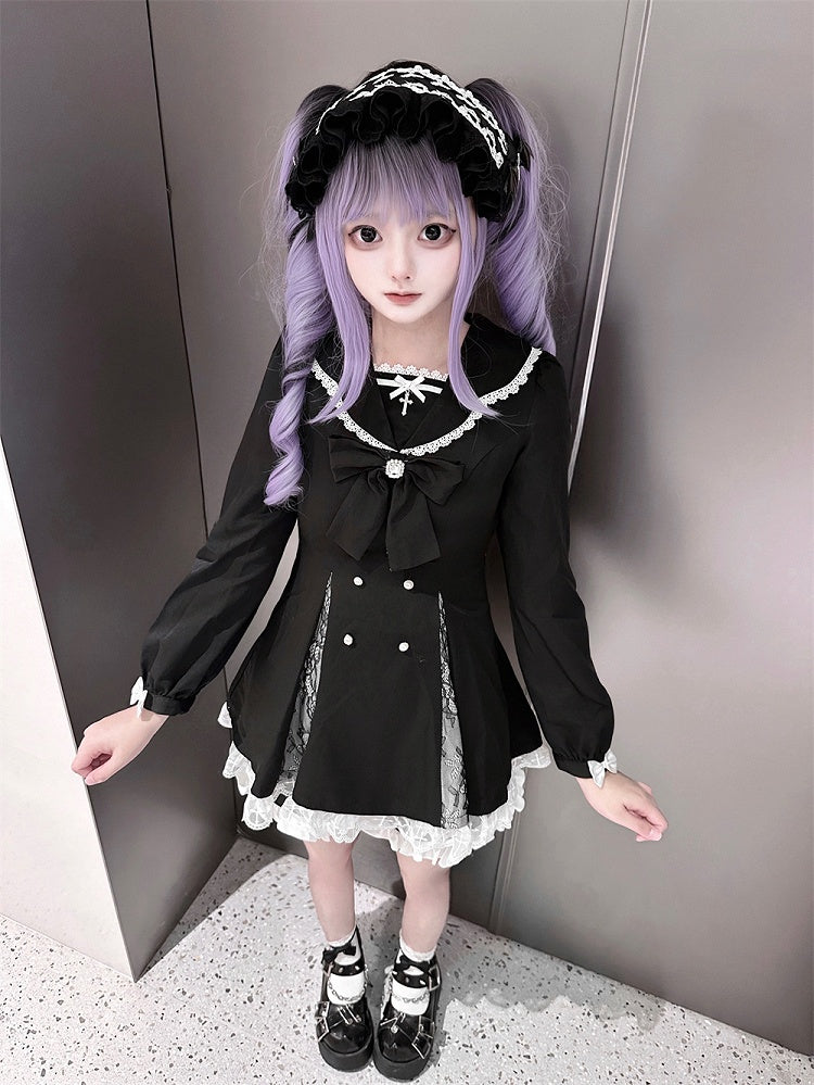 High Mini Coord with Dress Slit Matching Kei Black Set: Jirai Lace-Paneled Edgy Shorts