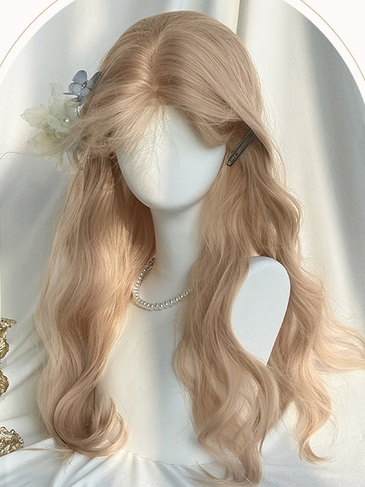 カーテンバングス付きブロンドロングウェーブウィッグ