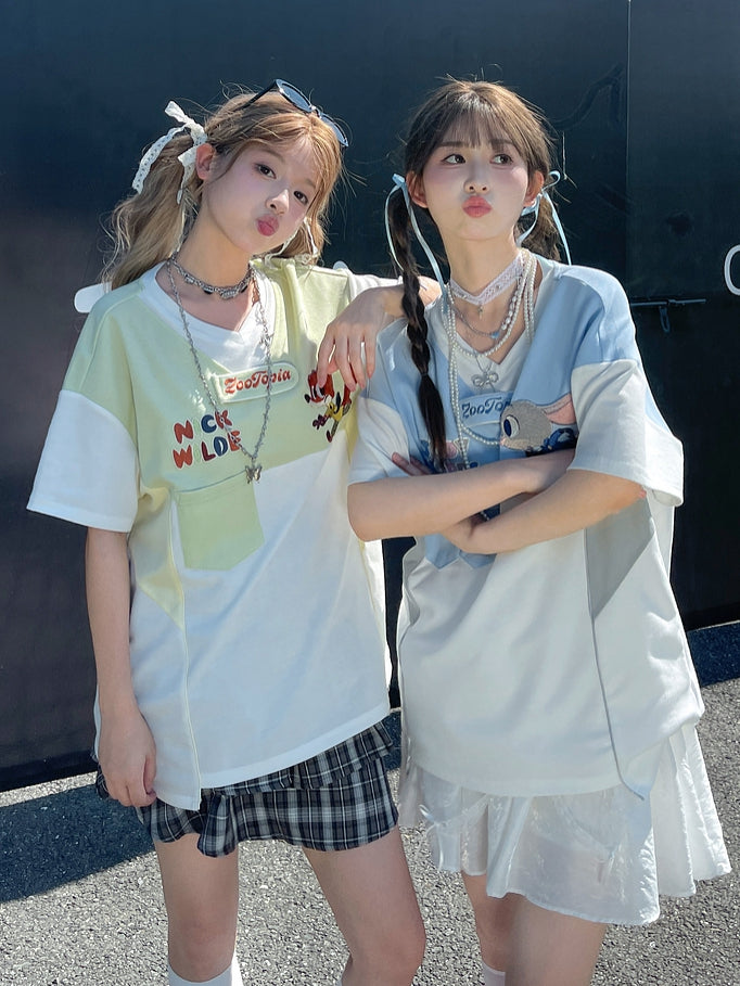 ズートピア ジュディ ブルー Vネック カラーブロック デザイン Tシャツ