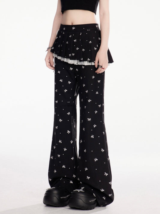 Bowknot Print Flared Pants Black Elastic Waist Allover