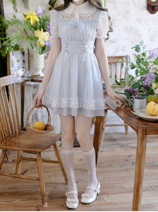Collar Lace-up Waist Pan Jirai Kei Dress Light Blue Illusion Neckline Peter