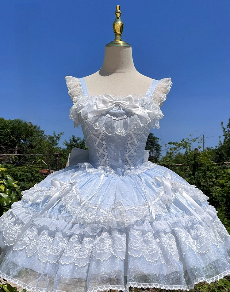 Pullover, abnehmbare Ärmel, Rock, süßes Lolita-Kleid, flatternd mit großem blauen Schnürmieder, hoch taillierter Schleife