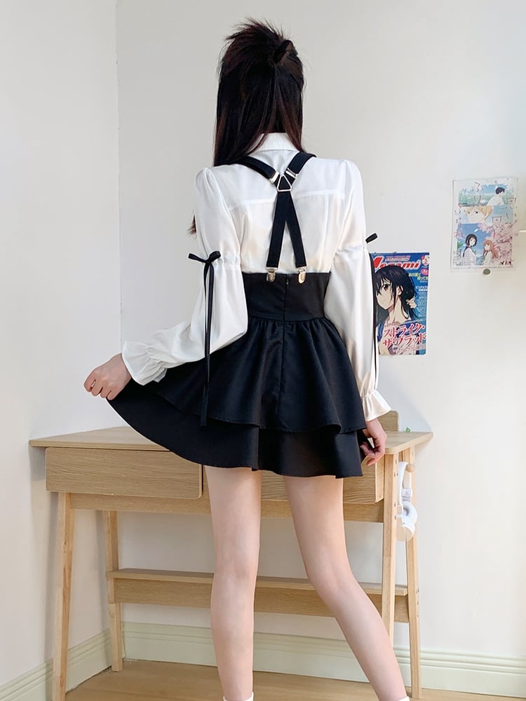 Suspender Skirt White High Waist Black Preppy Set- Full Overalls Shirt +