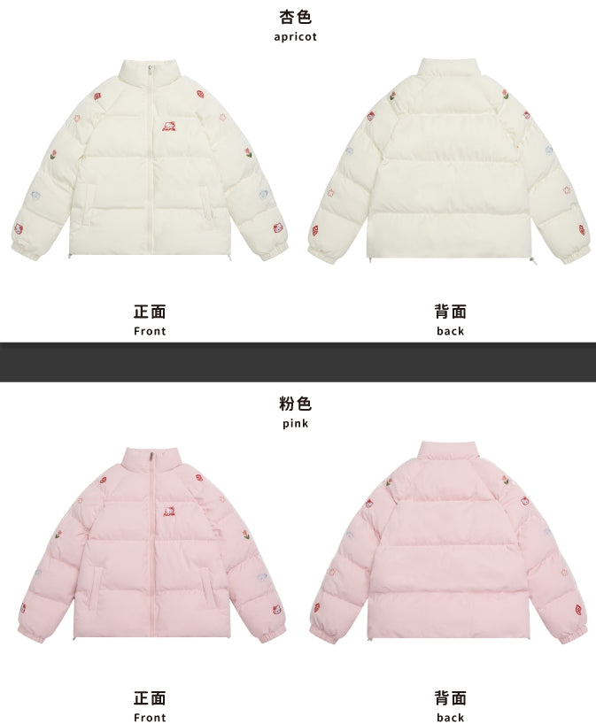White/Pink Kitties Embroidery High Neck Puffer Jacket
