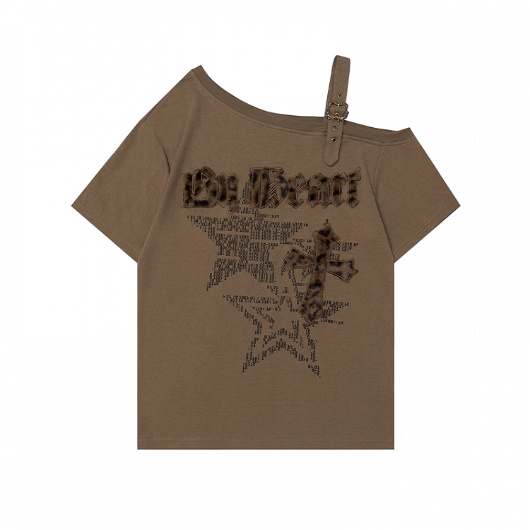 Fashion Gyaru Asymmetrical T-shirt Neckline Leopard Cross Applique Brown