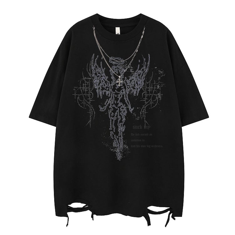 White/Black Distressed T-Shirt with Angelic Outline and Detachable Chain Cross