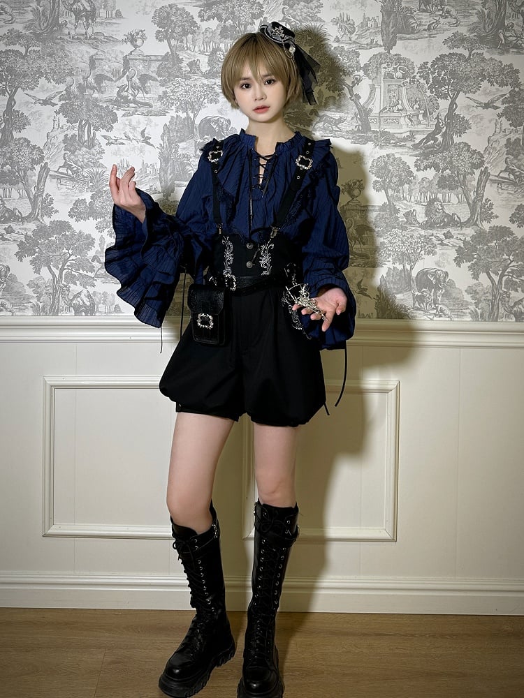 Shorts Lolita Ouji Straps Waist Black Corset with Belt High