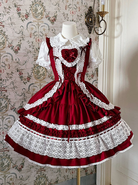 Abnehmbarer gepolsterter Herzpullover für die Schule, alter Lolita-Rock, rotes Kleid-Mieder