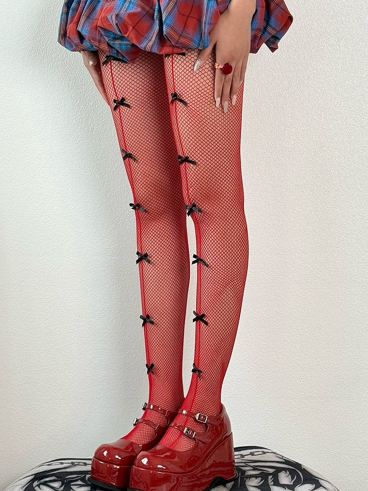 Modische blau/schwarz/rot/weiße Strumpfhose mit Schleife Gyaru
