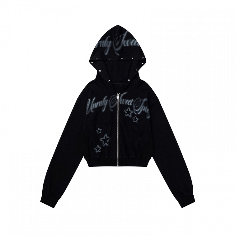 Autumn for Black Letter and Star Print Zip-up Hoodie