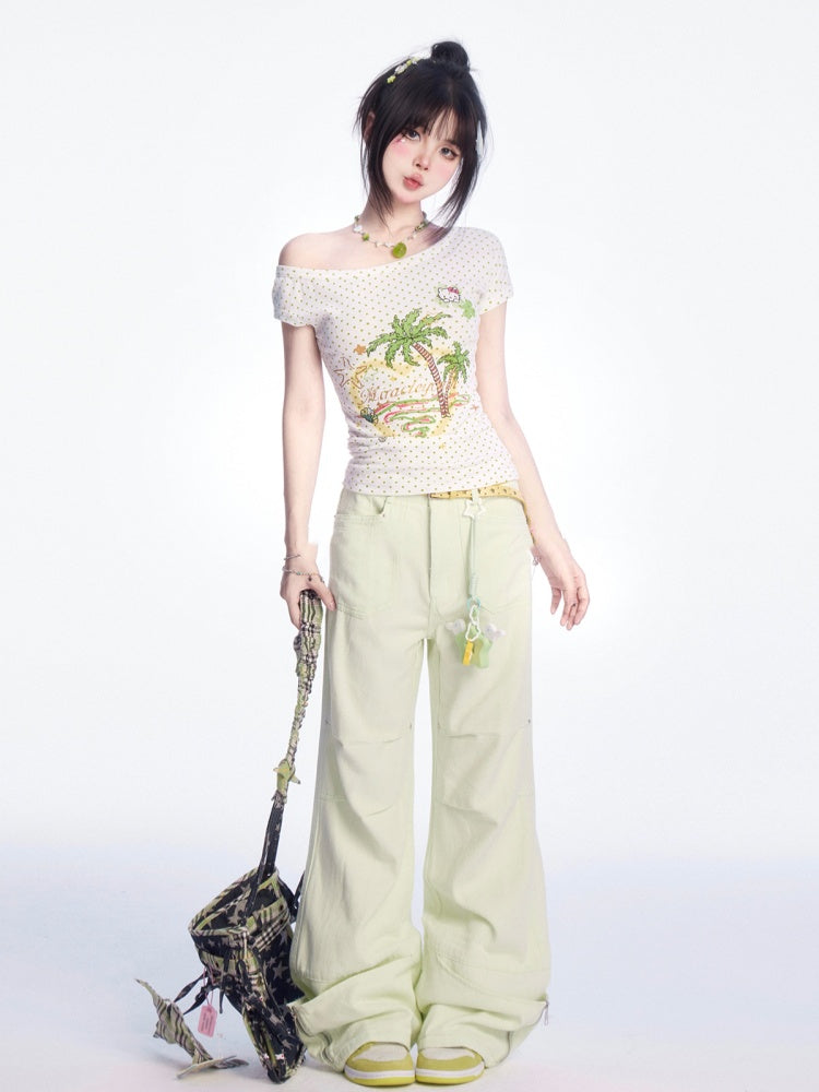 Pants Light Green Low Waist Zip Cuffs Wide-leg Cargo
