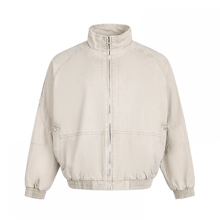 Design Banded Collar Faded Wash Distressed Blue/Apricot Jacket Autumn Zip-up
