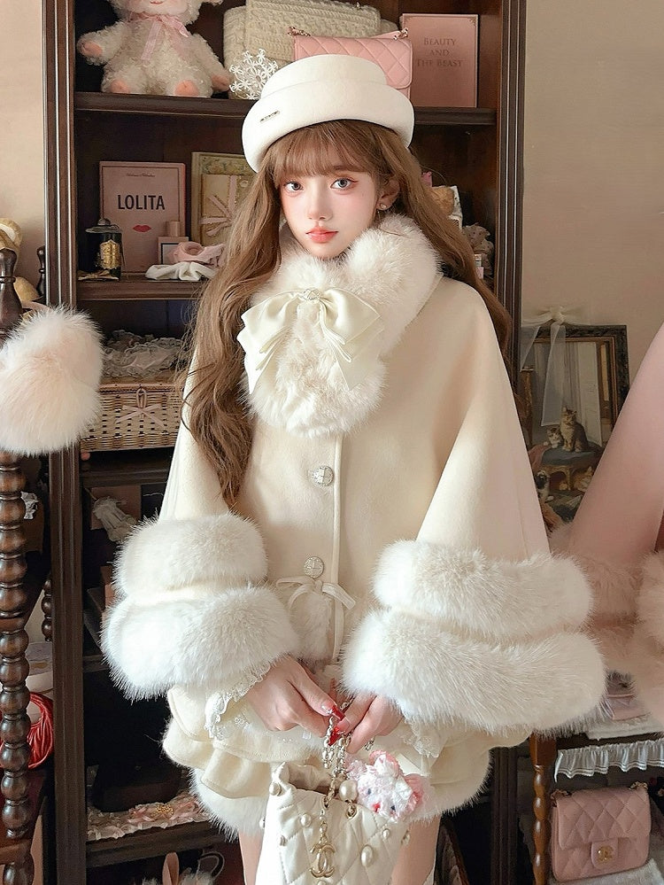 Faux Fleece Cloak White With Fur-Trimmed Bow Accents Creamy