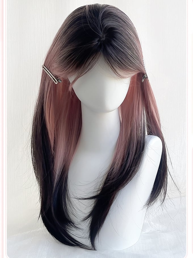 And Length Bangs Pink Wig Hair Straight Curtain 60CM Black Ombre With Color