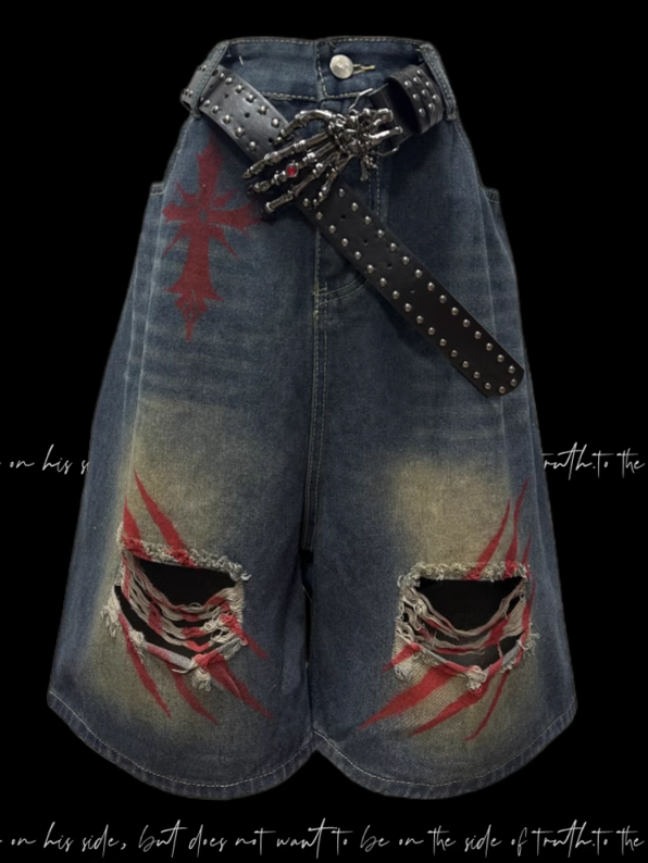 Print Blue Faded Holes Scratch Wash Distressed Wide-leg Denim Shorts
