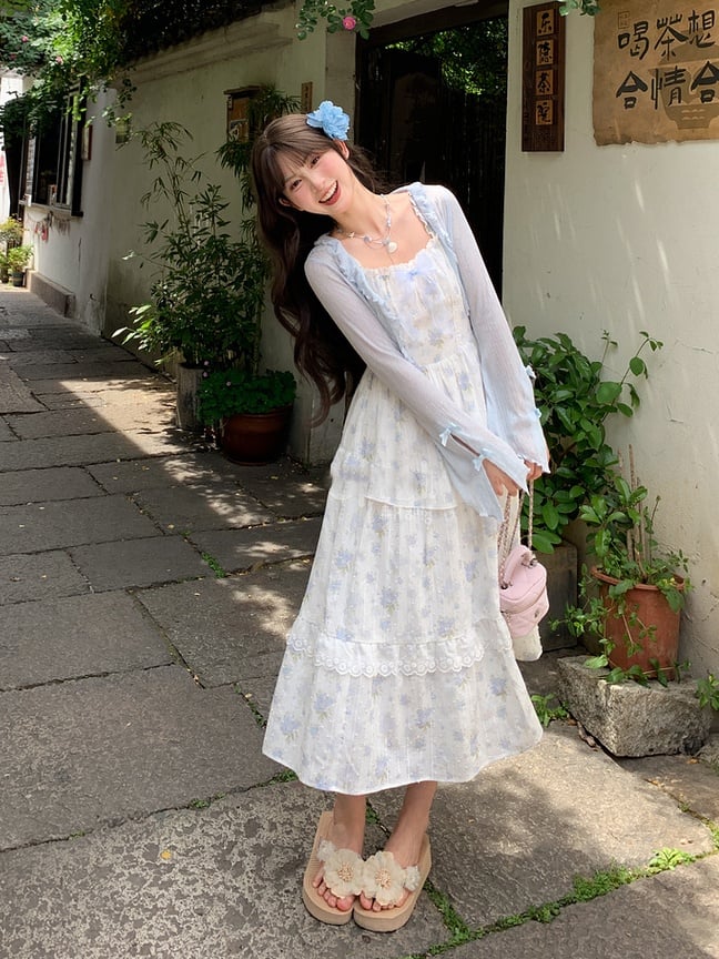 トリムライトブルーの蝶結びカフスのディテールオープンプラケットシフォンカーディガンフリル