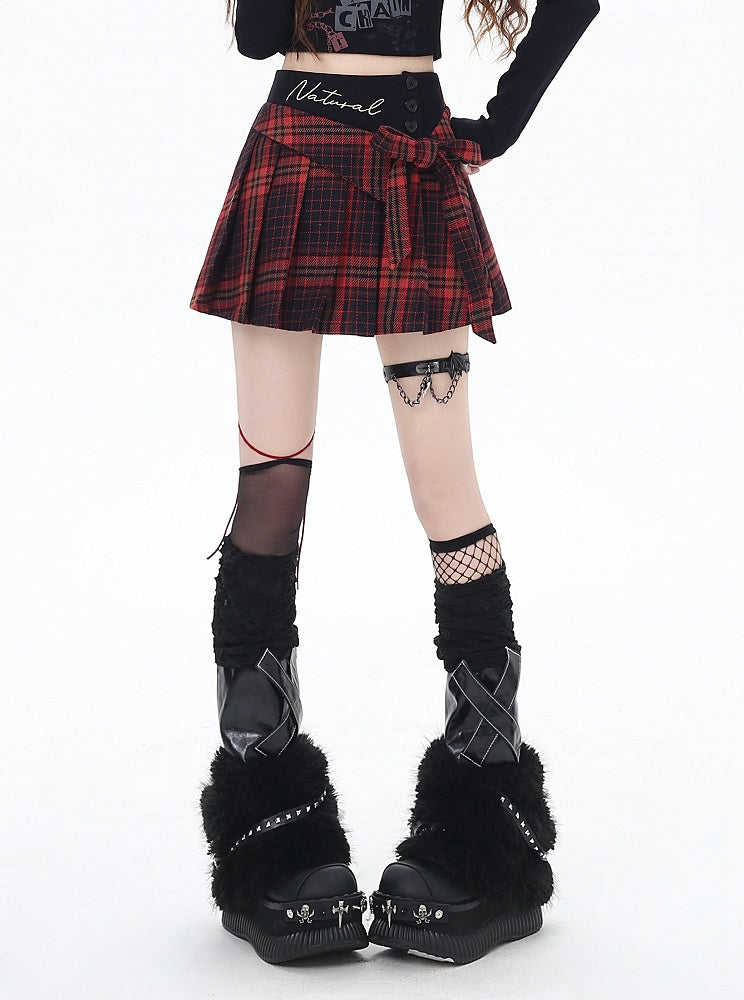 Glamorous Waist Bowknot Mini Pleated Skirt Red Plaid High